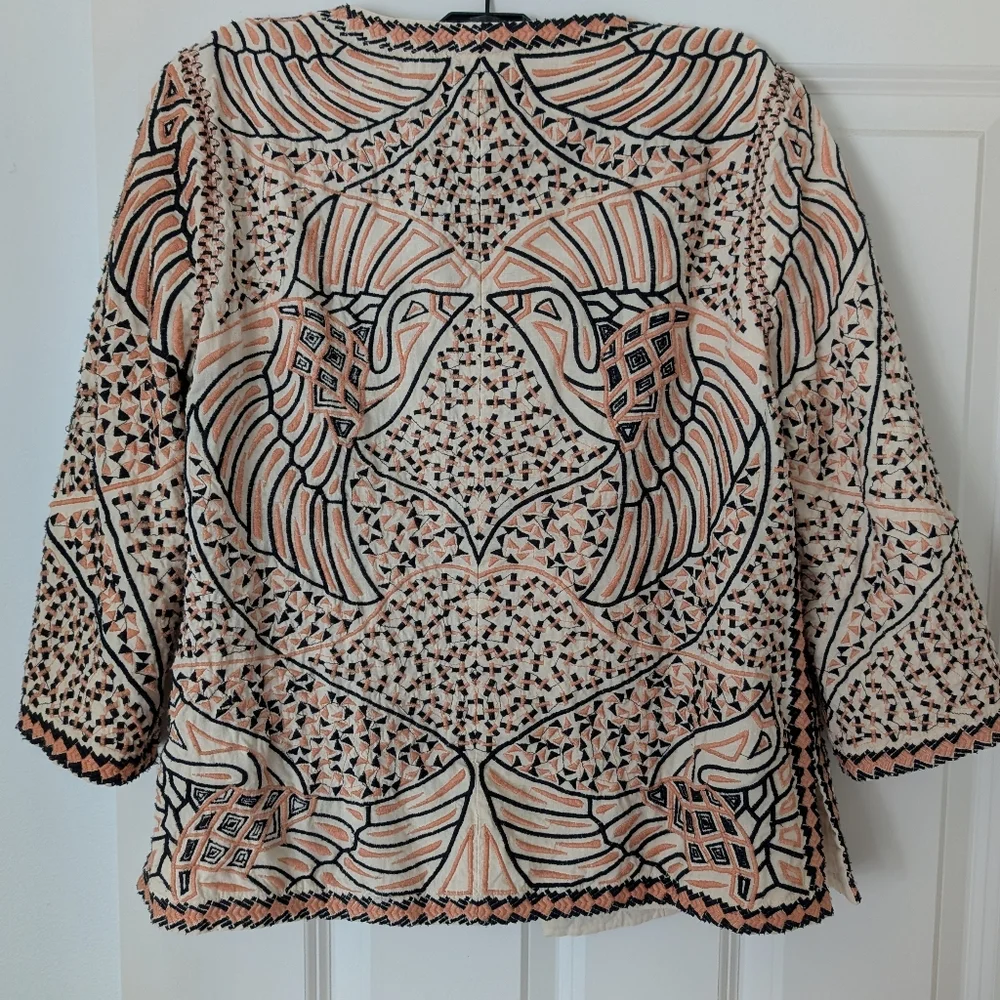 Zara Trafaluc Embroidered Jacket In Peach Cream and Black, Size M - Picture 5 of 8